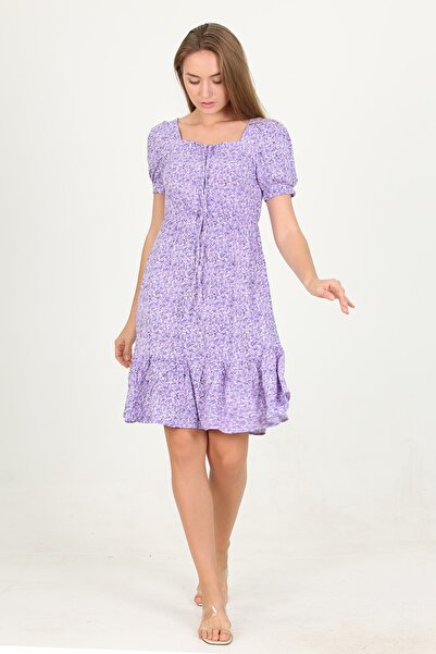 Neşeli Butik Rochie de damă din viscoză cu guler liliac cu model floral Lptr11