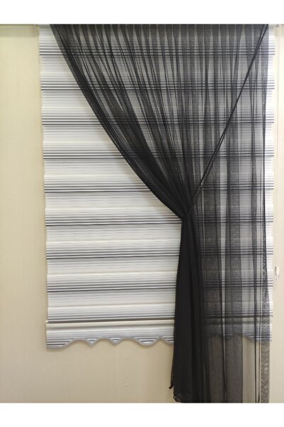 perhal perde ve halı Tek Kanat Siyah Desensiz 1-2 Seyrek Pileli Halatlı Kruvaze Siyah Tül Perde