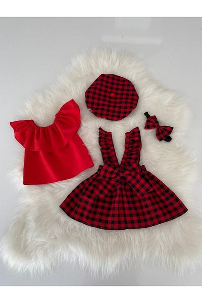 Moda Lina Red Gingham Patterned Salopet, Hat and Bandana Set