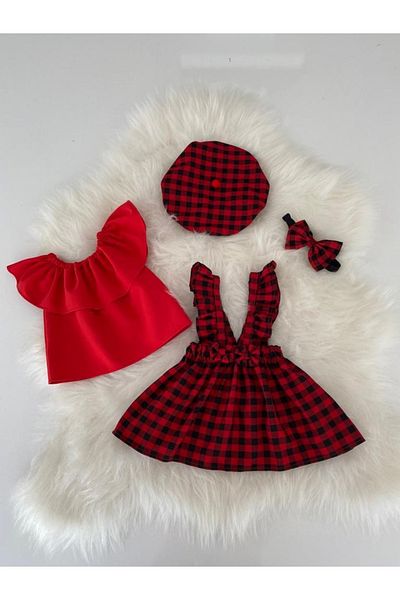 Moda Lina Red Gingham Patterned Salopet, Hat and Bandana Set