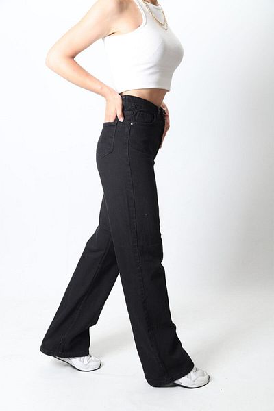 Trn JNS Blugi negri din Lycra cu picioare largi Pantaloni din denim cu talie super înaltă
