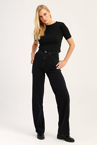 Trn JNS Pantaloni de damă, cu talie super înaltă, cu picior lat, blugi