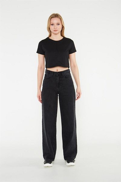 Trn JNS Blugi negri cu talie super înaltă cu fermoar cu efect de picior largi Pantaloni largi din denim (țesătură rezistentă la decolorare)