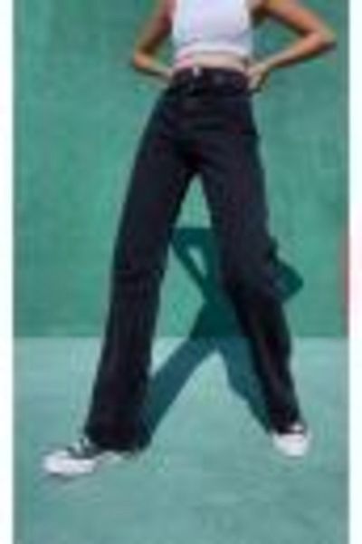Trn JNS Jean Palazzo cu picior lat din lycra neagră colorfast pentru femei - Pantaloni din denim cu picior lat din anii '90