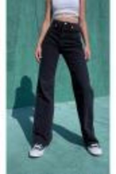 Trn JNS Jean Palazzo cu picior lat din lycra neagră colorfast pentru femei - Pantaloni din denim cu picior lat din anii '90