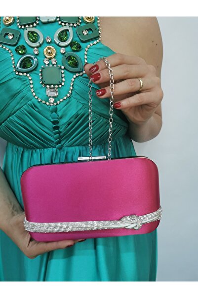 NAZART Women's Satin Stone Fuchsia Evening Dress Clutch Portfolio Evening Bag