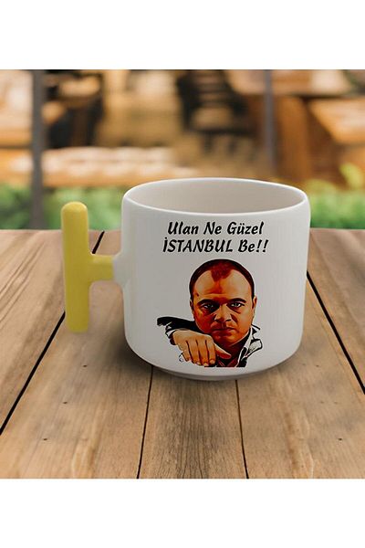 RHG Art Double Turkish Coffee Cup & Latte Kurtlar Vadisi Süleyman Çakır Yellow Handle Mug 200 Ml