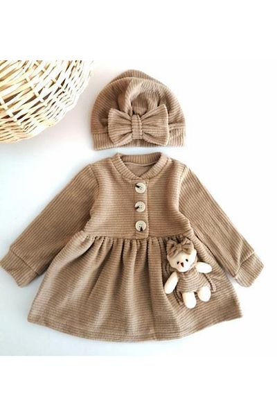 aryakids Stone Colored Baby Girl Winter Dress - Wooden Button and Teddy Bear