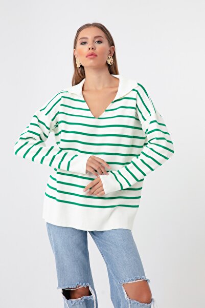 Lafaba Pulover de damă, ecru, cu guler de cămașă în dungi