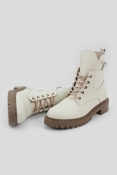 TUNAELLİ Kadın Bej Hakiki Deri 35-41 Numara Bağcıklı Bot & Bootie