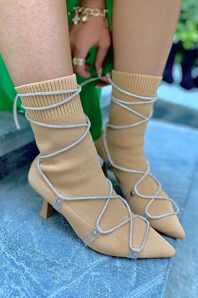 SHOEBELLAS Γυναικείες μπότες με τακούνι Vico Nude Knitwear Stone