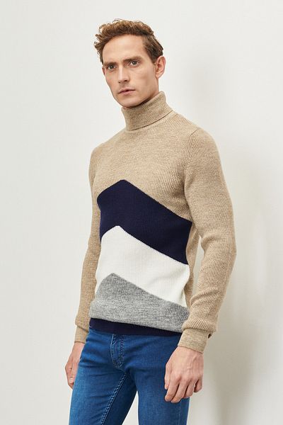 ALTINYILDIZ CLASSICS Πλεκτό πουλόβερ ανδρικό μινκ-ναυτικό Standard Fit Normal Cut με πλήρες ζιβάγκο