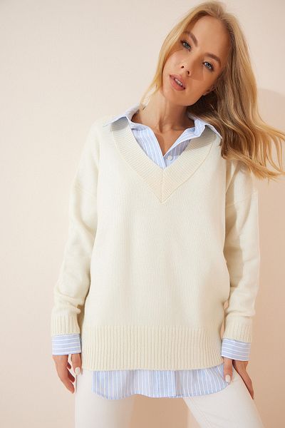Happiness İstanbul Women's Bone V-Neck Oversize Knitwear Sweater BV00003