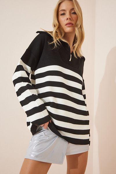Happiness İstanbul Weiß-schwarzes Damen-Sweatshirt mit Reißverschluss, Stehkragen, gestreift, übergroß, Strick, BV00009