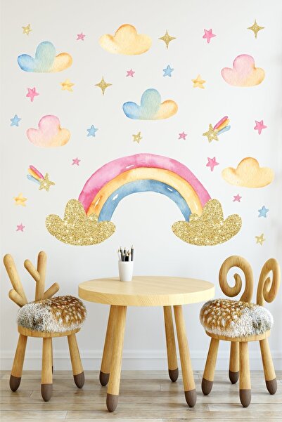Sticker Ekspres Sim Efektli Suluboya Gökkuşağı Çocuk Odası Duvar Sticker Seti