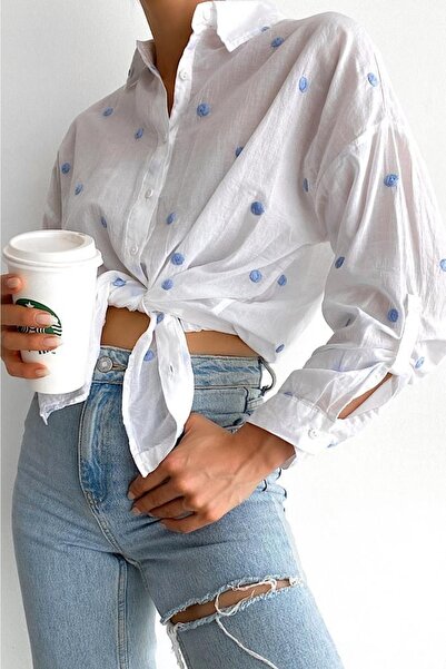 FEMELLE Cămașă de damă, 100% bumbac, cu umăr dezactivat, brodata cu buline