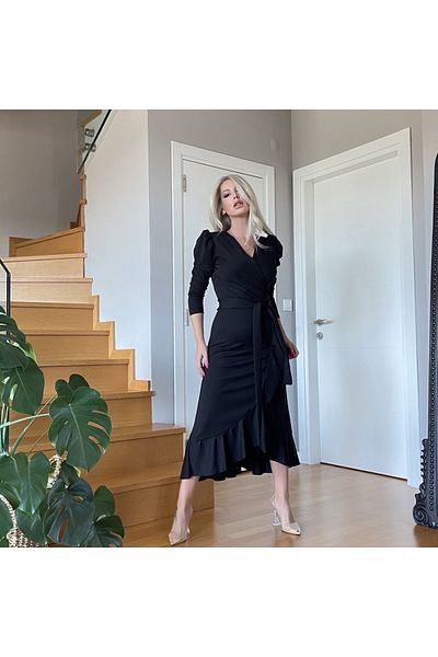 Trendusfashion Rochie Midi cu mâneci lungi - cu curea, țesătură creponată, 113 cm