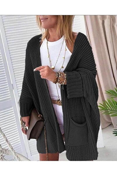 Viyamo Kadın Siyah Oversize Kalıp Cepli Salaş Triko Hırka