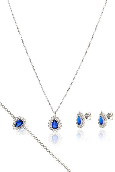 LINTERNA 925 Ayar Gümüş Elmas Monturlu Safir Kolye-bileklik-küpe Set