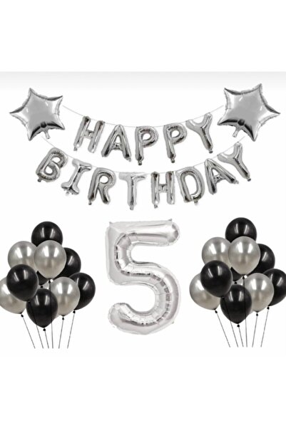 Generic Brand Silver 5 Years Old Happy Birthday Set with Foil Balloons and Stars