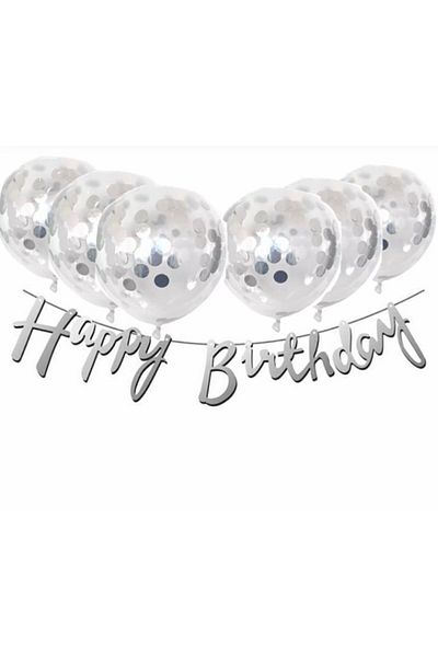 RÖNESANS PARTİ Transparent Balloon with Silver Confetti Silver Happy Birthday Calligraphy Banner Text