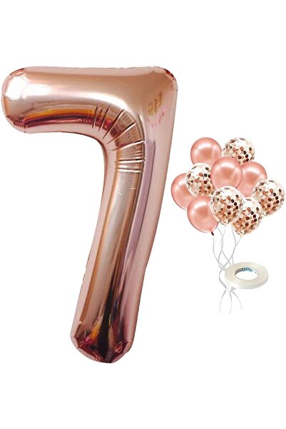 RÖNESANS PARTİ مجموعة بالونات ذات أرقام ذهبية وردية من ستار لعمر 7 سنوات