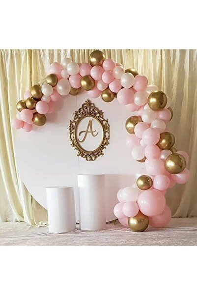 BalonEvi 50 Adet 12 Inç Metalik Parti Balonu Pembe -Beyaz - Gold + 5 mt Balon...