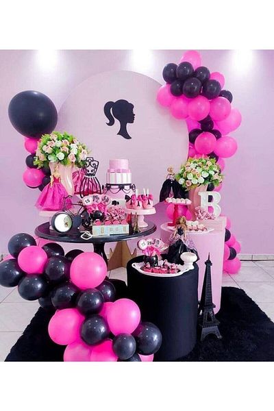 RÖNESANS PARTİ 50 Balloons (black - Fuchsia Mixed) + 5 Mt Balloon Chain