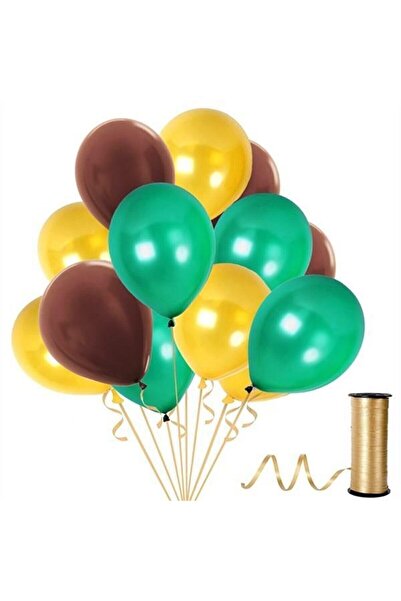 RÖNESANS PARTİ بني - أخضر غامق - بالون ذهبي ميتاليك 15 قطعة