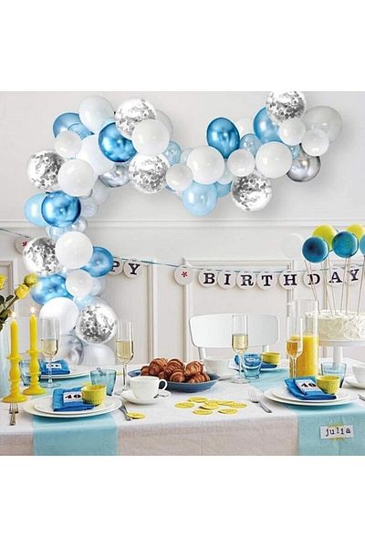 RÖNESANS PARTİ 50 Pieces Blue White Chrome Chain Silver Balloon Confetti Balloon Set