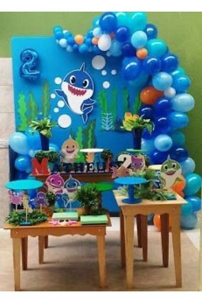 RÖNESANS PARTİ 50 Pieces Blue-white-dark blue-orange Metallic Balloons and Balloon Chain Baby Shark Concept Party