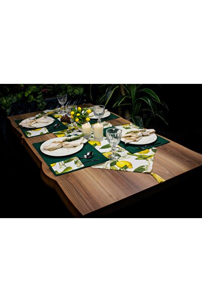 Biz Class طقم مفرش طاولة من 4 قطع بنمط الليمون والكتان الأخضر، مفرش طاولة ليموني