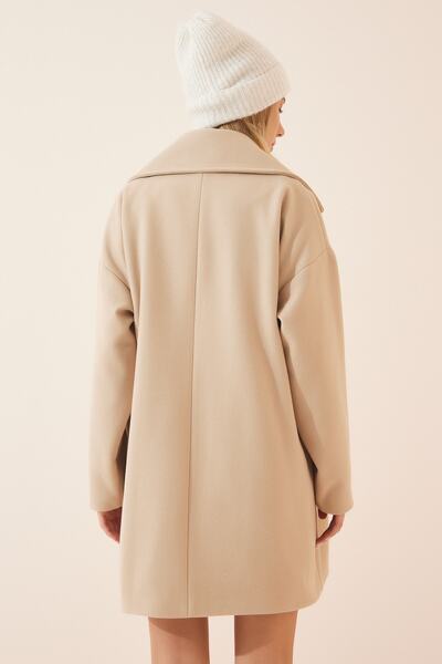 Happiness İstanbul Dámský krémový oversize kabát na obočí OH00028