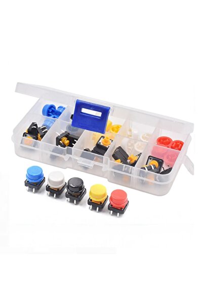 Genel Markalar Kutulu 12x12mm 25 Adet Başlıklı Tact Buton Set 4 Pin 5 Renk Do...