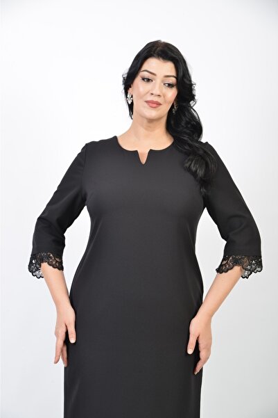 Butik Miza Kol Ve Etek Ucu Güpür Dantelli Büyük Beden Elbise