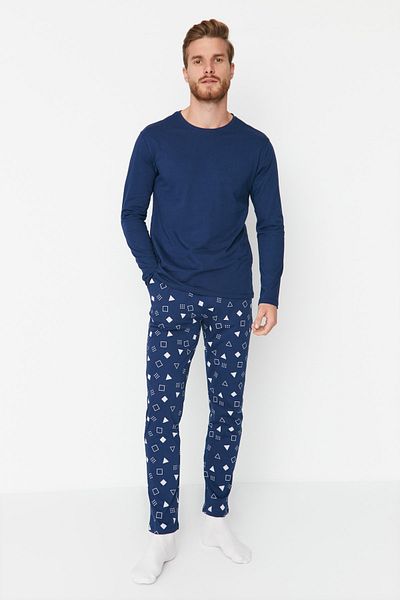 Trendyol Collection Sada pyžama s potiskem v námořnické modré Regular Fit – 100% bavlna Tmnaw23Pt00029