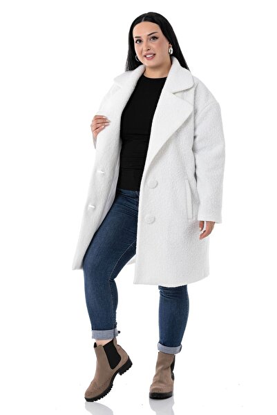 DISENTIS MODEST Large Size Mono Collar Fleto Pocket Coated Buttoned Lined White Boucle Coat