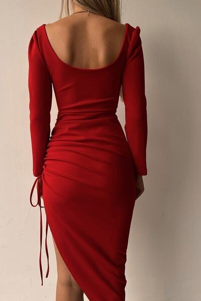 lovebox Rochie midi roșie cu mânecă lungă pentru femei, din țesătură creponată, căptușită la piept, cu fantă și detaliu de încâlcire 142