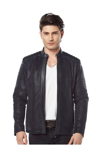 Hodore Carolo Navy Blue Suede Leather Coat