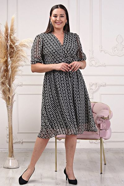 Neşeli Butik Women's Double Breasted Collar Midi Length Plus Size Patterned Chiffon Dress Nb80622