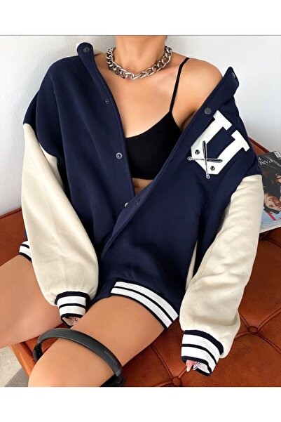 FuşyaTrend Oversize 3 Iplik Kapşonlu Kolej Ceket - Lacivert