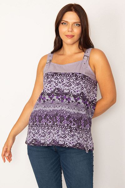 Şans Women's Large Size Lilac Strap Buckle Accessory Hem Eyelet Lace Detailed Blouse 65n33666