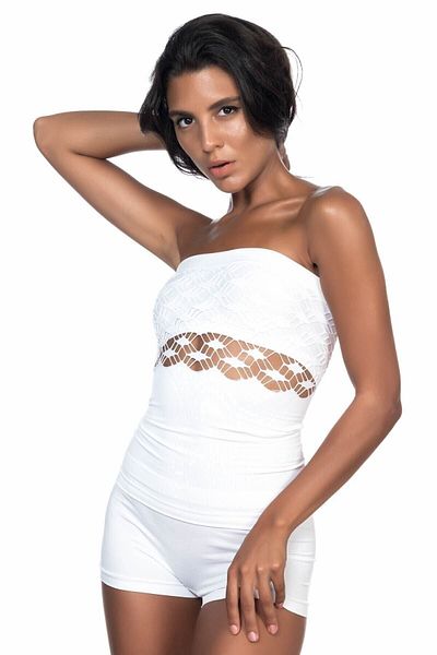 Cecimer Women's White Seamless Strapless Fancy Mesh Seamless Corset Bustier, Decreasing 1 Size