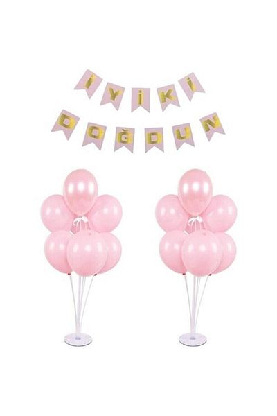 RÖNESANS PARTİ 2 Pieces of 7 Balloon Stands, Pink Macarons, Balloons and Happy Birthday Pink Banners