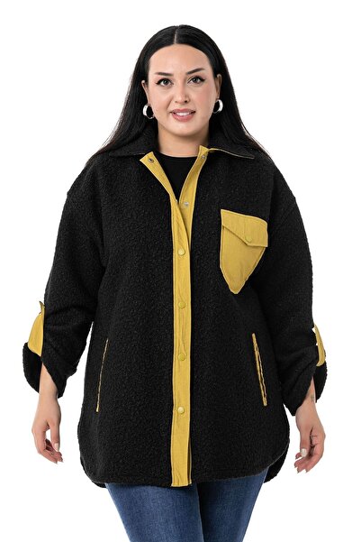 DISENTIS MODEST Büyük Beden Katlamalı Kollu Hardal Kumaş Garnili Buklet Siyah Ceket Gömlek