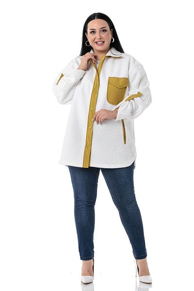 DISENTIS MODEST Plus Size Folded Sleeve Mustard Fabric Garnish Boucle White Jacket Shirt