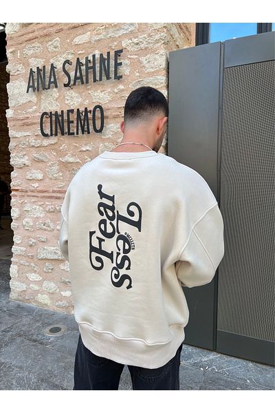 MAİ COLLECTİON Ανδρικό φούτερ υπερμεγέθους Mcllctn Fear Less Beige