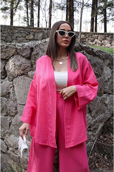 PLA STORE Pembe Gofre Kimono Alt Üst Takım