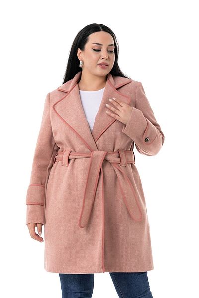 DISENTIS MODEST Plus Size Mono Collar Piping Detailed Side Pocket Belted Unlined Pink Coat