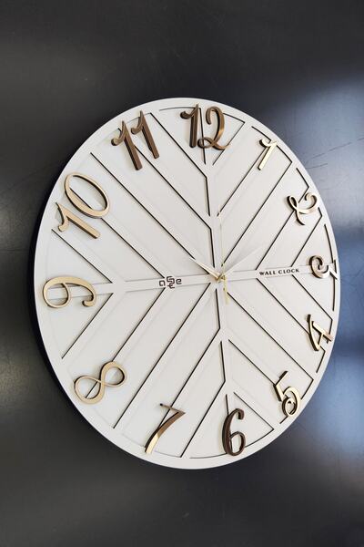 aSSe Tasarım Long Line Dekoratif Duvar Saati Beyaz & Gold 50x50cm Sessiz Meka...
